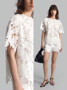 Ontre 女士短袖圆领刺绣镂空上衣，秋季 - 白色 - 查看 7