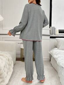 孕妇撞色蝴蝶结装饰单排扣喇叭袖裤睡衣套装