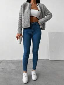 EURMUSE Button Front Fluffy Knit Cardigan - Grey - View 4