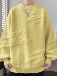 Manfinity EMRG Men's Casual Solid Color Frayed Edge Drop Shoulder Sweater, Fall/Winter - Yellow - View 3