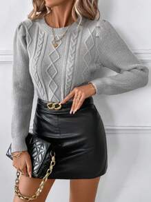 SHEIN Clasi Women's Spring Autumn Casual Twisted Puff Sleeve Sweater Sweatshirt - Grey - View 3