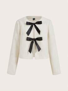 Ellevyn Women's Regular Fit Short Back To School Frenchy Fall Old Money Style Teacher Clothes Coat With Thick Bowknot And Glossy Finish, Apricot - Black and White - View 9