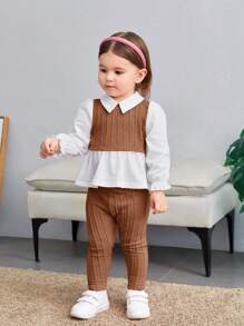 SHEIN 2pcs Baby Girls Casual Cute Knitted 2 In 1 Spliced Collar Long Sleeve Top & Elastic Waist Pants Set