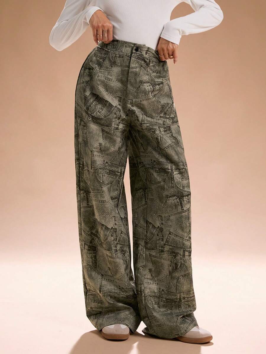 SHEIN SXY 秋季女装 全身印花 宽松女士长裤 冬季 - 軍綠色 - 查看 1