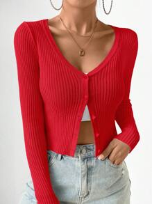 Chiquease 女士浪漫 V 领纽扣短开衫，红色优雅修身情人节 - 紅色 - 查看 7