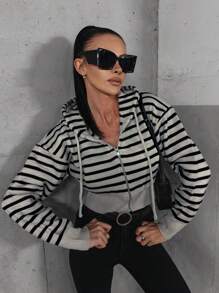 INAWLY Women Hooded Draw Cord Zip Up Striped Design Fashionable Jacket - Multicolor - View 3