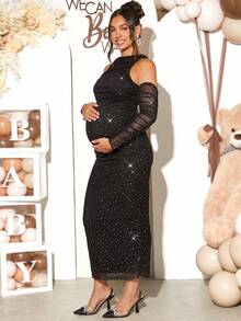 Loomaby SHEIN Maternity  Gender Reveal Dress  Ruched Sequin Mesh Bodycon Dress Long Sleeve Dress For Baby Shower Party - Black - View 8