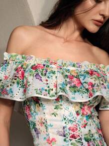 Anewsta Gaun Bermotif Ruffle dengan Hem Ruffle - MultiWarna - View 5
