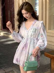 DAZY Váy ngắn thường ngày cổ chữ V tay đèn lồng họa tiết hoa viền bèo nhún dành cho nữ mùa xuân/hè - Màu tím - Xem 9