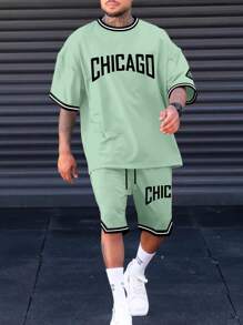 Manfinity Homme Men's Plus Size Summer Letter Printed Round Neck Casual Short Sleeve T-Shirt And Drawstring Waist Shorts Set - Green - View 3