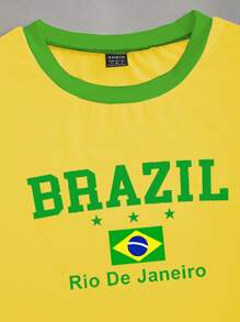 EgrlEra 2pcs/Set Contrast Trim Round Neck Brazil Letter Print Tee And Tie-Up Bottoms - Yellow - View 5