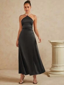 SHEIN Unity Faux Pearl Halter Neck Backless Dress - Black - View 2