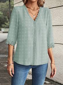 EMERY ROSE Women's Contrast Lace V-Neck 3/4 Sleeve Loose Elegant Blouse, Summer - Multicolor - View 3