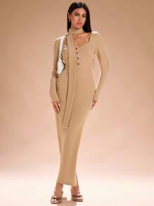 SHEIN SXY 高领长袖紧身秋季连衣裙，适合秋季女士服装 - 卡其色 - 查看 3