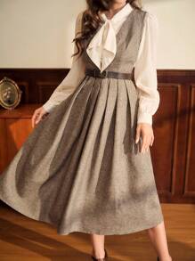 Vintamour Vintage Elegant Ladies' Fitted Belted Midi Dress With Pleated Hem Tall Women Fall Women Clothes Long Dress Winter Women Clothes Old Money Renaissance Dress Business Casual Women 90s Outfit Homecoming Dresses Fall Wedding Guest Dress Midi Women Dresses Renaissance Fair Thanksgiving Dress Business Women Clothes Old Money Dresses For Women Elegant