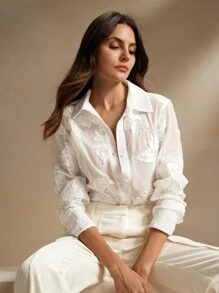 Áo kiểu nữ Anewsta cổ điển, thêu hoa kiểu Pháp, tay dài, chất liệu xuyên thấu, màu trắng. - trắng - Xem 5