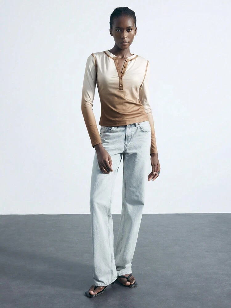 SHEIN Maija Women's Ombre Button-Up Long Sleeve Casual T-Shirt For Spring And Summer