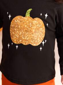 SHEIN 2pcs Baby Girl Halloween Cute Knit Cartoon Pattern Top And Orange Flared Pants Set. Mommy And Me Matching Outfits (2 Sets Sold Separately) - Black - View 8