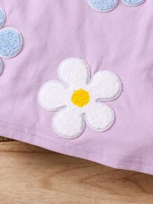 SHEIN LMoss Kids LMoss 年轻女孩宽松可爱花卉印花短袖圆领落肩 T 恤 - 紫色 - 查看 6