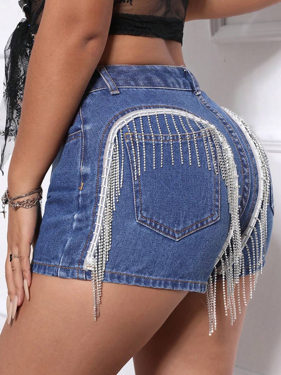 SHEIN SXY Rhinestone Tassel Decorated Slim Fit Denim Shorts - Blue - View 1
