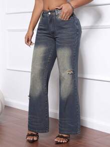 SHEIN SXY Jeans casuales de mezclilla con pierna acampanada y bolsillos desgastados para mujeres - Azul - Ver 5