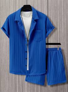 OTTIMOZO 2pcs Men's Solid Color Lapel Neck Short Sleeve Shirt And Shorts Casual Summer Outfits, Men's Royal Blue Outfit, Men's Two Piece Casual Short Set, 2 Piece Set Men - Blue - View 5