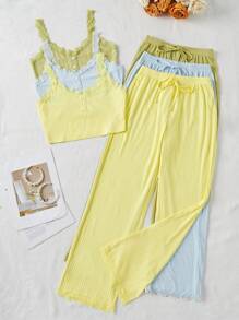 SHEIN 3 peças Conjunto de Pijama Feminino com Top Sem Costas com Detalhe em Renda e Calça Reta com Cordão - Multicolorido - Visão 3
