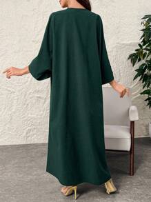 Al Najma Women's Elegant Floral Embroidered Batwing Sleeve Modest Arabian Dress, Spring Summer, Kaftan & Jalabiya - Dark Green - View 6