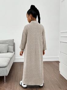 SHEIN Tween Girl Ribbed Knit Long Cardigan Paired With Long Split Dress Apricot Set