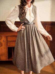 Vintamour Vintage Elegant Ladies' Fitted Belted Midi Dress With Pleated Hem Tall Women Fall Women Clothes Long Dress Winter Women Clothes Old Money Renaissance Dress Business Casual Women 90s Outfit Homecoming Dresses Fall Wedding Guest Dress Midi Women Dresses Renaissance Fair Thanksgiving Dress Business Women Clothes Old Money Dresses For Women Elegant