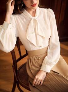 Vintamour Vintage Elegant Women's Fitted Long Sleeve Shirt With Flowy Tie Collar, Apricot Fall Women Clothes Long Sleeves Woman Old Money Work Women Blouses Business Casual Women 90s Outfit Long Sleeve Women Shirts Collared Women Shirt Homecoming Dresses Button Down Blouse Beige Renaissance Fair Button Down Blouse Old Money Valentine Day - Apricot - View 5