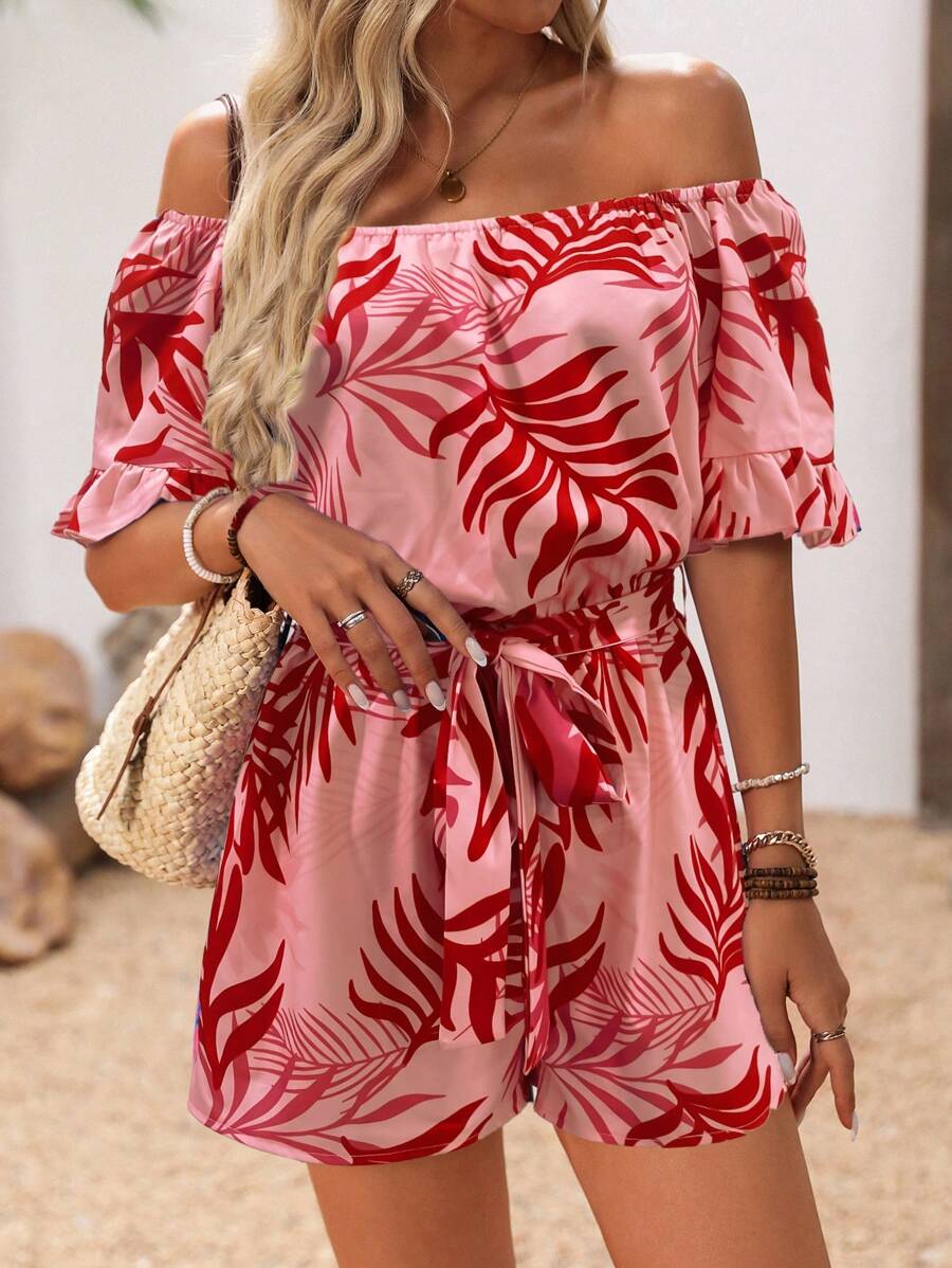 Breezaya Women's Tropical Plant Print Ruffle Off-Shoulder Belted Jumpsuit - Multicolor - View 1