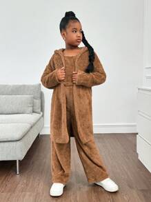 3 件套 Tween 女童休闲保暖双面羊毛连帽夹克、背心和阔腿裤套装 - 棕色 - 查看 4