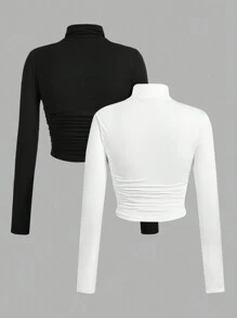 SHEIN Girlism Tween Girl Casual Autumn Mock Neck Long Sleeve Ruched Black & White 2pcs Top - Black and White - View 2