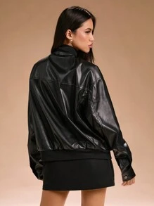 SHEIN SXY 秋季女装 宽松口袋女士皮夹克 
冬季外套 - 黑色 - 查看 2