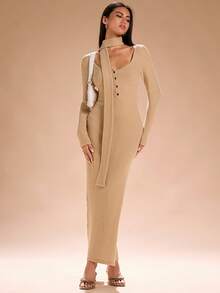 SHEIN SXY 高领长袖紧身秋季连衣裙，适合秋季女士服装 - 卡其色 - 查看 6