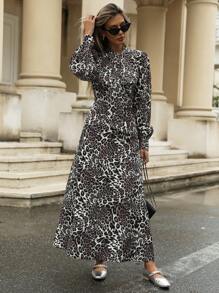 Aveloria Robe à manches lanternes avec nœud papillon et imprimé léopard pour femmes, automne et hiver - Multicolore - Voir 3