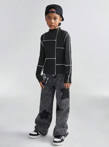 SHEIN Tween 女童秋冬日常穿着撞色滚边修身圆领黑色带袖上衣 - 黑色 - 查看 5