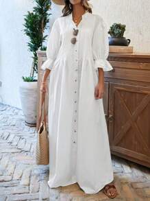 EURMUSE 女士鬆身休閒連衣裙，帶褶襟領和喇叭袖 - 白色 - 查看 4