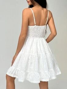 SHEIN EZwear Women's Summer Casual Solid Color Hollow Out Embroidered Spaghetti Strap Mini Dress