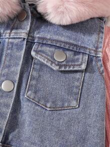 SHEIN Baby Girls' Plush Hooded Jacket & Ribbed Long Sleeve Casual Dress 2pcs Outfit, Autumn/Winter