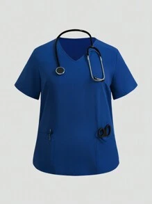TaskEZ 大码女式纯色V领短袖上衣（带口袋和裤子）护理服、大码制服和手术服 - 藍色 - 查看 10