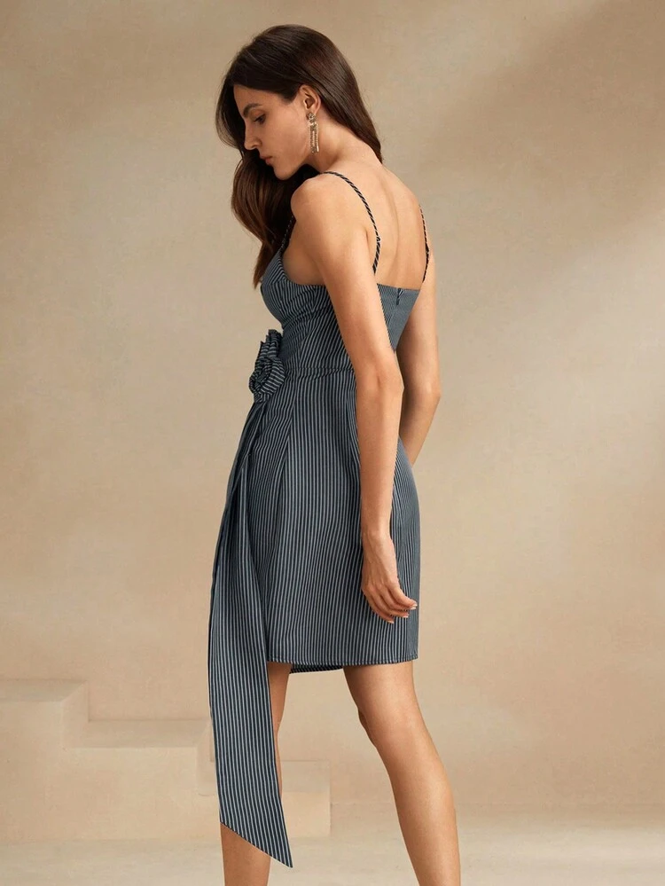 Summer Elegant Striped 3D Floral Decor Asymmetric Hem Spaghetti Strap Dress