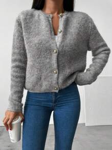 EURMUSE Button Front Fluffy Knit Cardigan - Grey - View 5