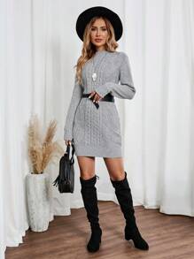 EMERY ROSE Women's Solid Color Stand Collar Long Sleeve Casual Knit Sweater Dress, Fall/Winter - Grey - View 5