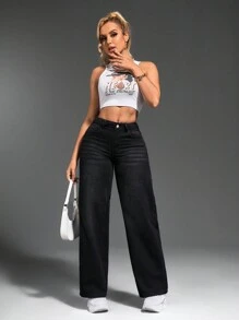 SHEIN SXY Women's Loose-Fit Straight-Leg Denim Pants With Pockets, Casual And Versatile - Grey - View 7