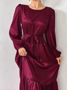 Al Najma Burgundy Red Women's Elegant Arabian Dress With Crew Neck, Lantern Sleeves And Ruffle Hem Modest Long Sleeve Elegant Style For Casual Daily/Work/Holiday/Evening Parties/Wedding Guest Arabian Dress - Burgundy - View 5