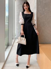 DAZY Đầm lưới mỏng tay dài cổ vuông phối màu cho nữ, xuân thu, bèo nhún - Đen và trắng - Xem 8