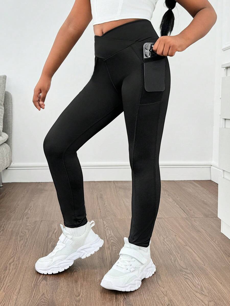 SHEIN Tween Girls Minimalist Comfy Casual Sports Waist Phone Pocket Tight Leggings - Black - View 1