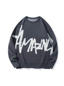 Chillumni 男士圆领长袖字母图案休闲毛衣 - 深灰色 - 查看 1